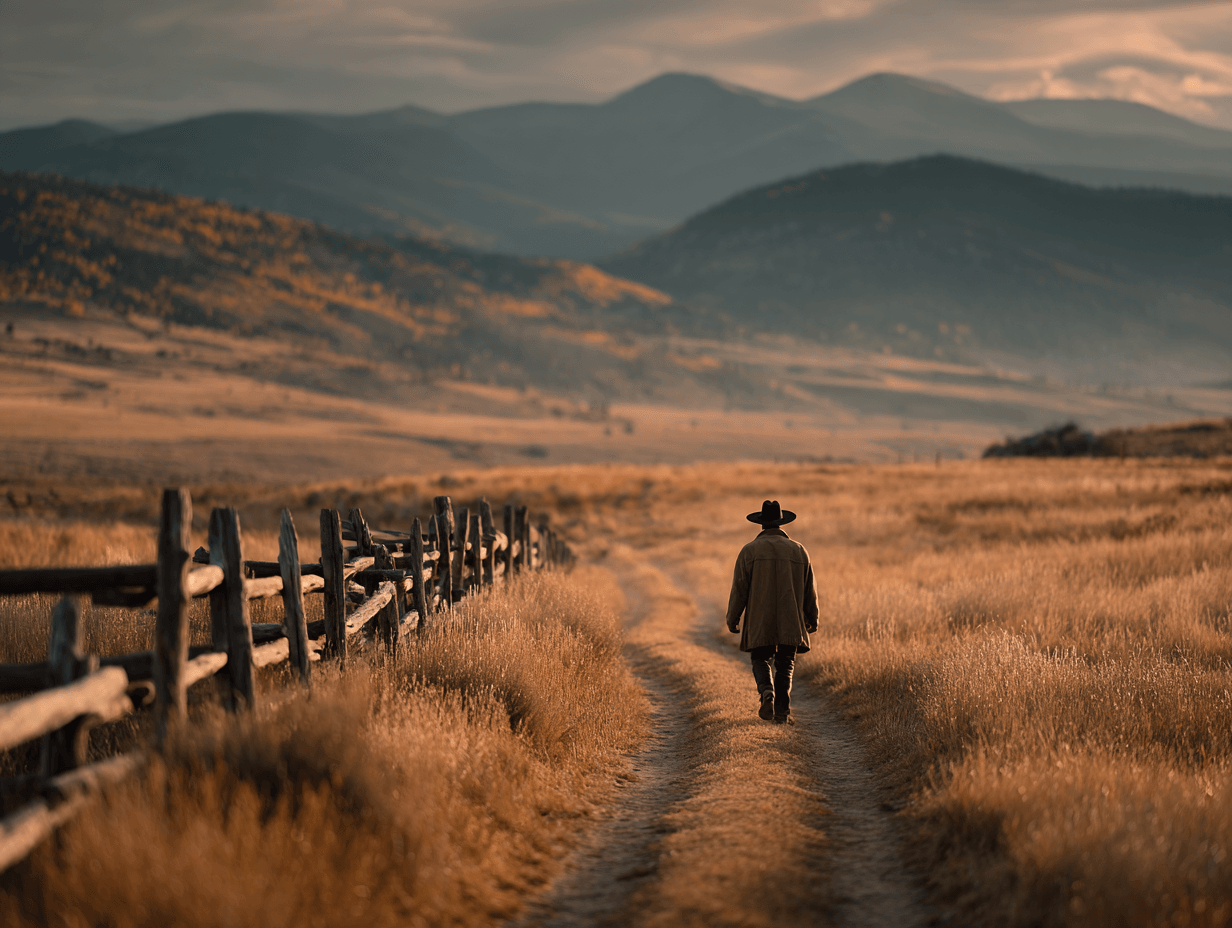Cinematic wide shot of a lone figure walking away down a dirt path in a vast golden field, with rustic wooden fence and rolling mountains in the background.