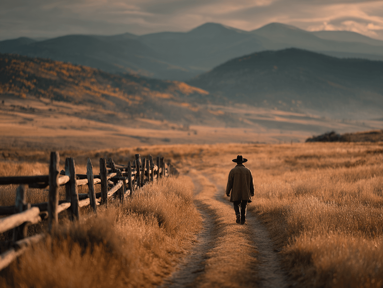 Cinematic wide shot of a lone figure walking away down a dirt path in a vast golden field, with rustic wooden fence and rolling mountains in the background.