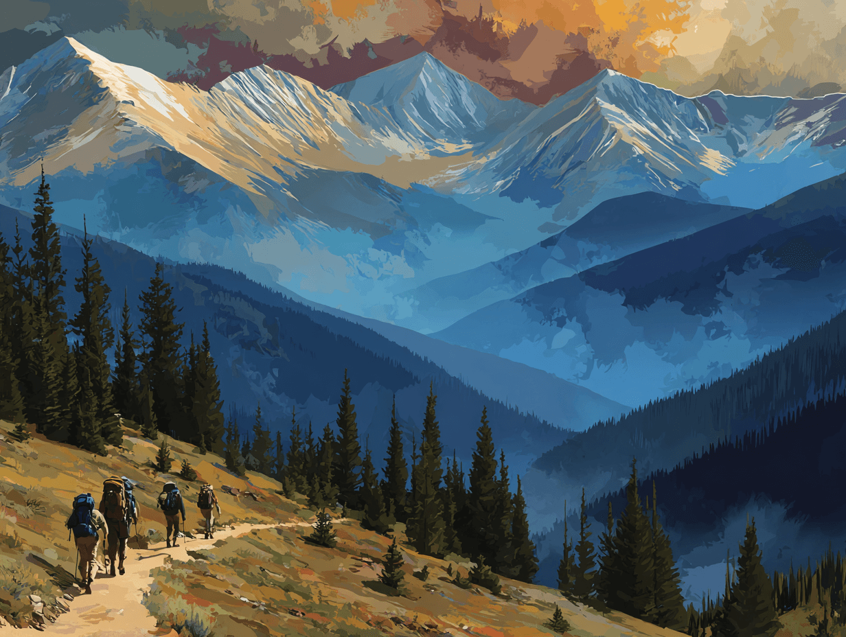 A stylized illustration of hikers traversing a mountain trail with majestic layered peaks and dramatic sky in the background.